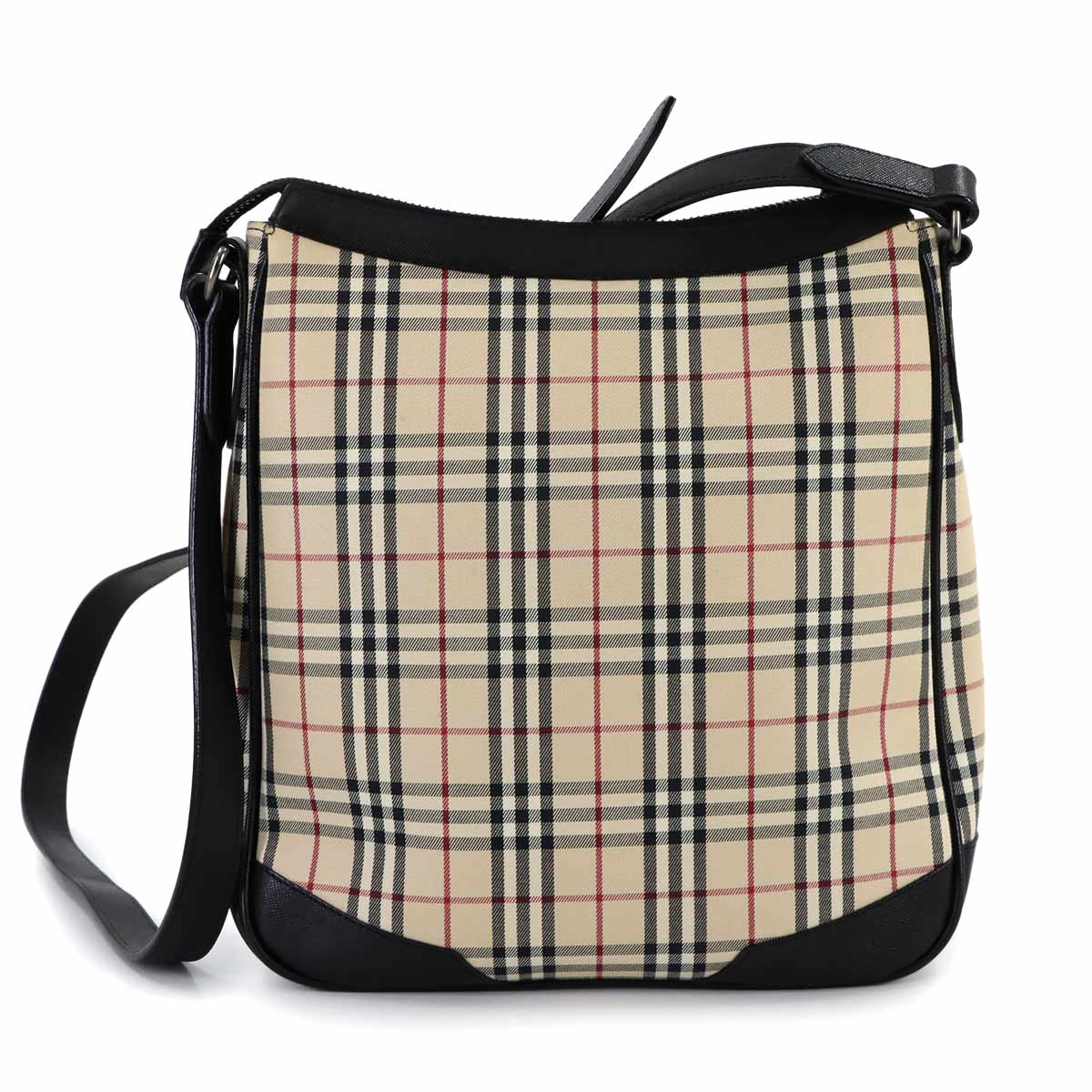 Plaid Shoulder Bag Canvas Leather Beige Black Purse