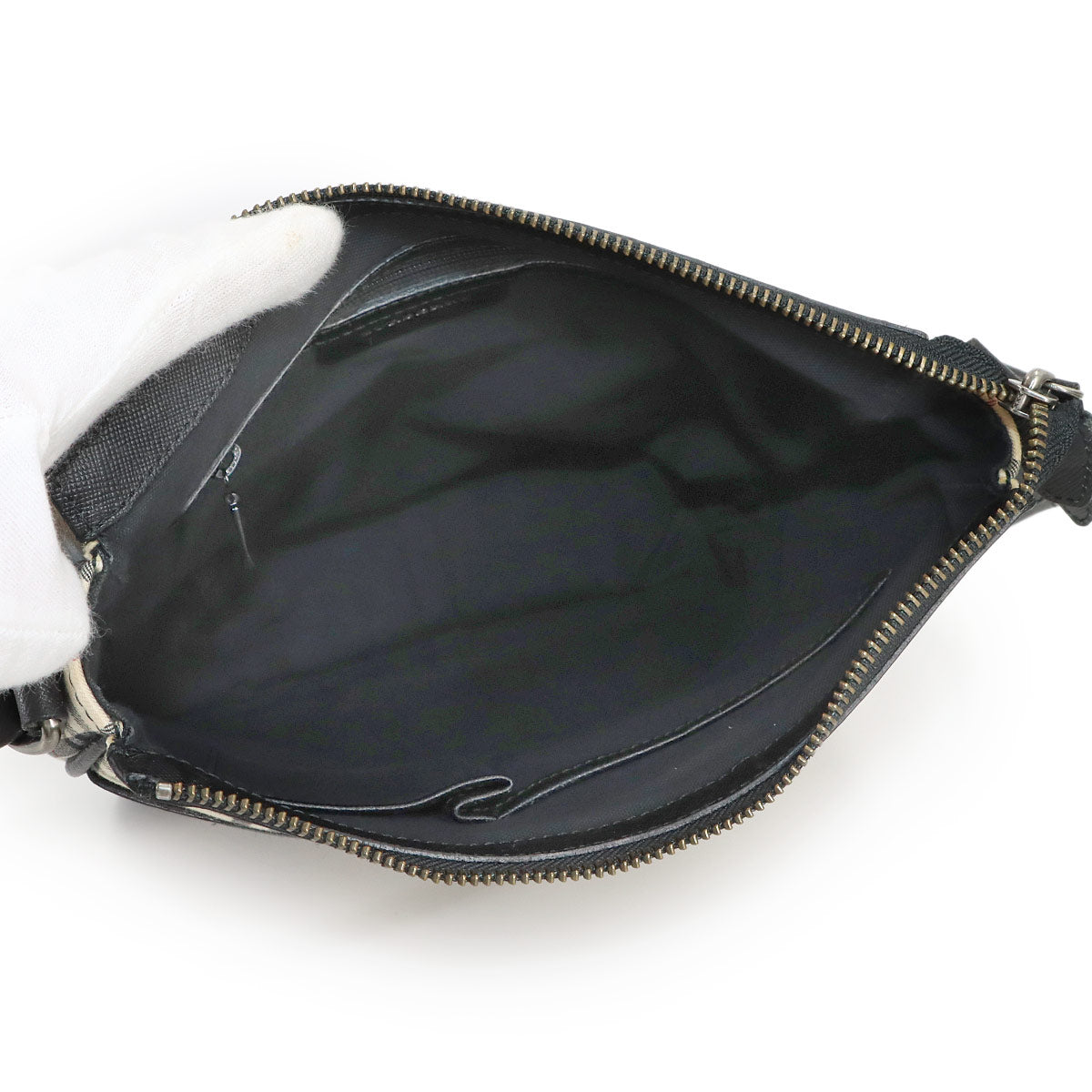 Plaid Shoulder Bag Canvas Leather Beige Black Purse