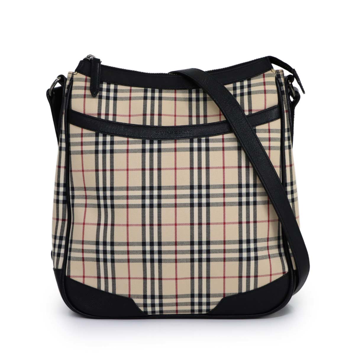 Plaid Shoulder Bag Canvas Leather Beige Black Purse