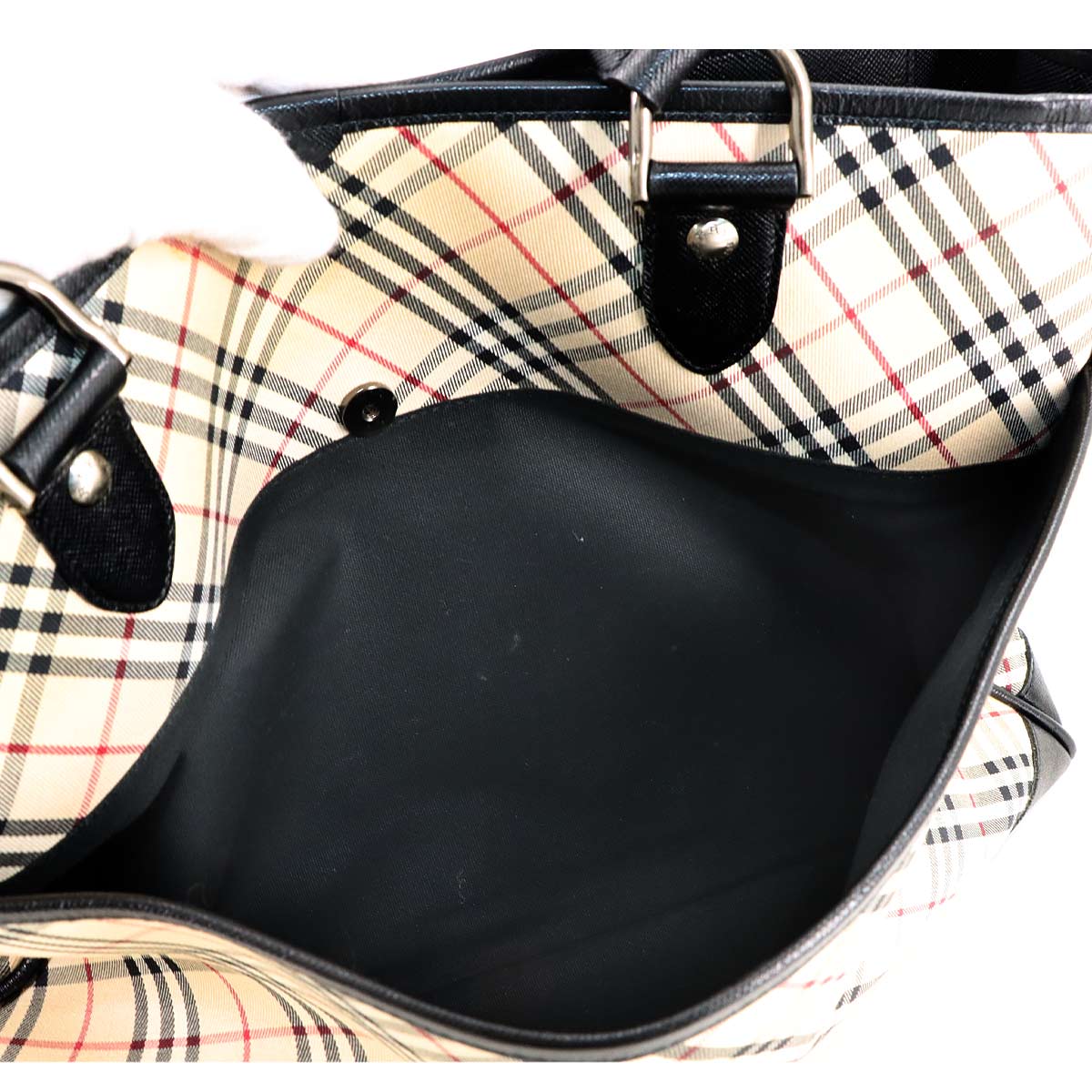 Plaid Tote Bag Canvas Leather Beige Black Purse