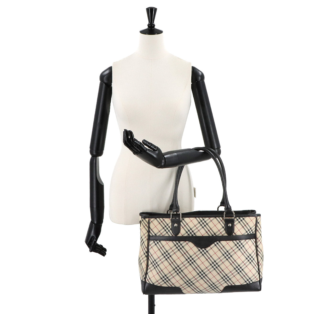 Plaid Tote Bag Canvas Leather Beige Black Purse
