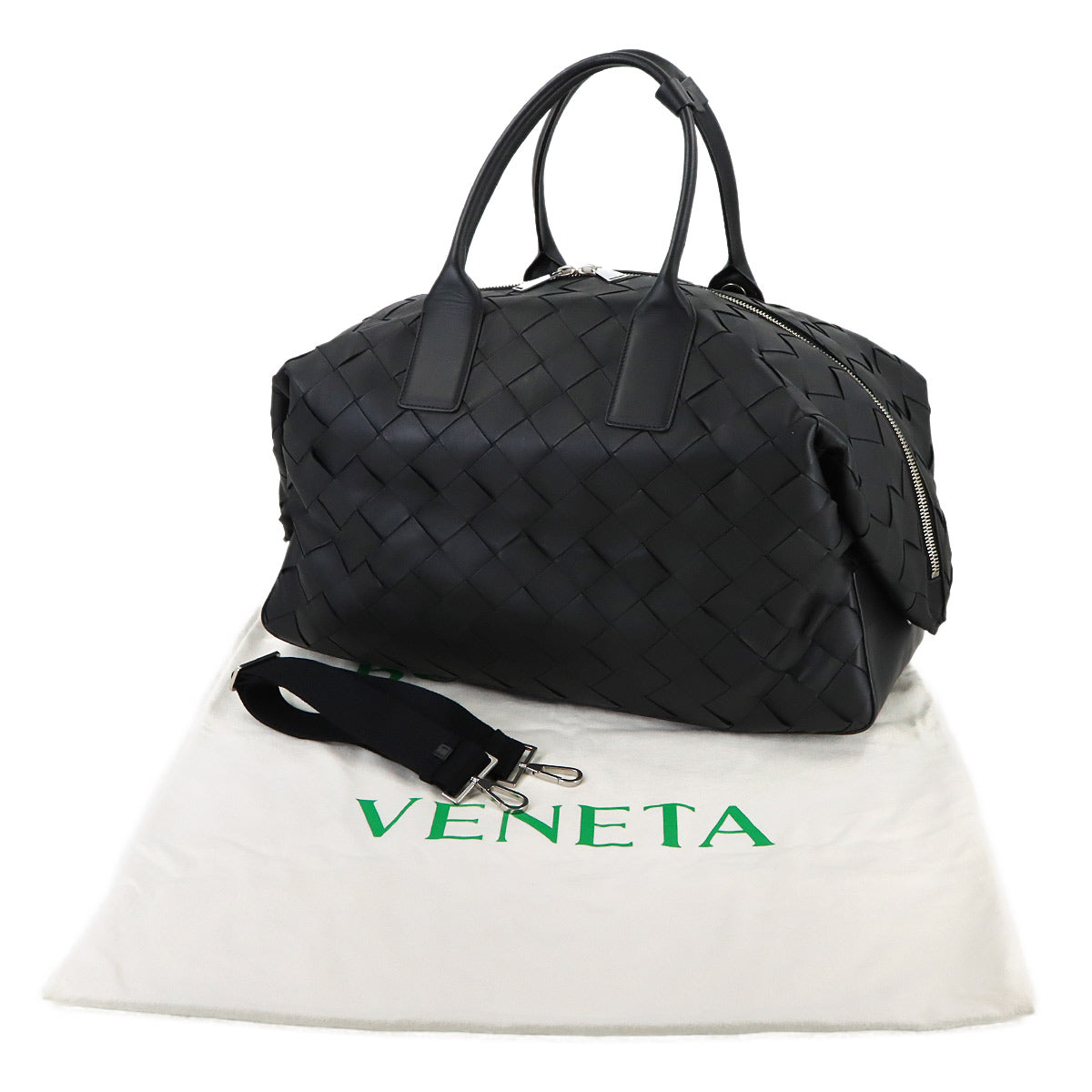 Intrecciato Boston Shoulder Bag Leather Black Purse
