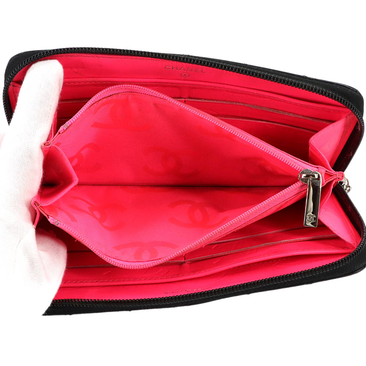 Cambon Line Zipped Around Long Wallet Leather Black A50078