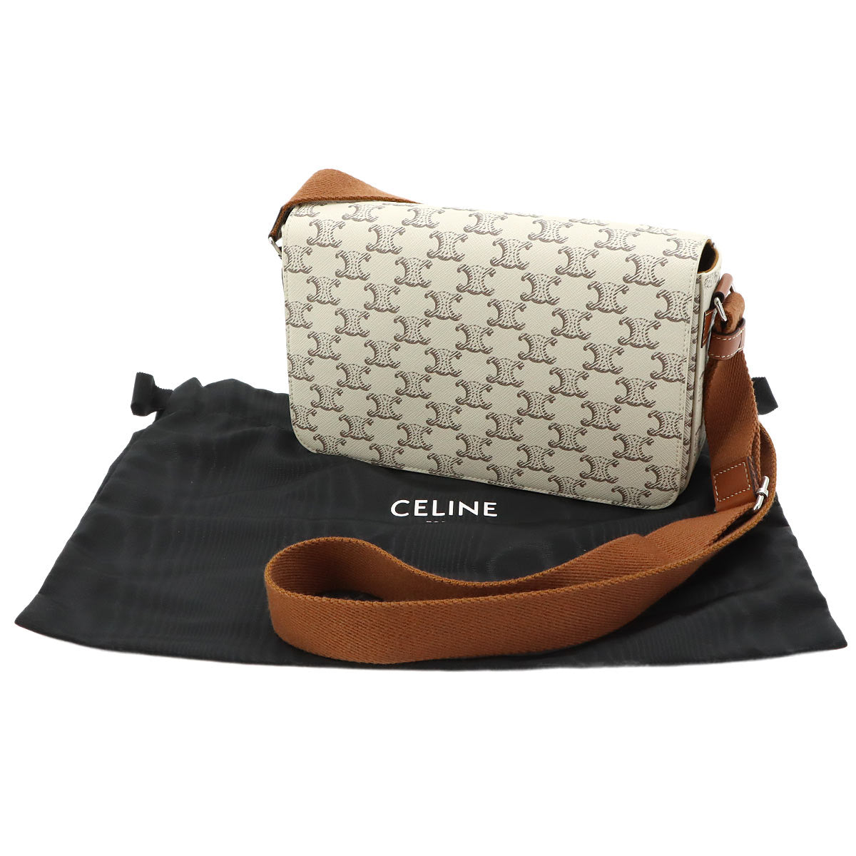 Triomphe Flap Messenger Shoulder Bag Leather Ecru Tan
