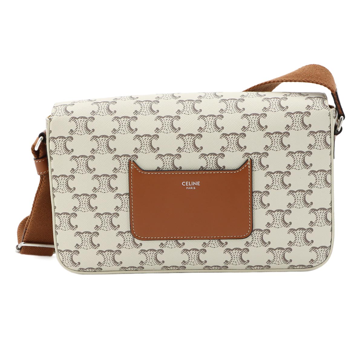 Triomphe Flap Messenger Shoulder Bag Leather Ecru Tan