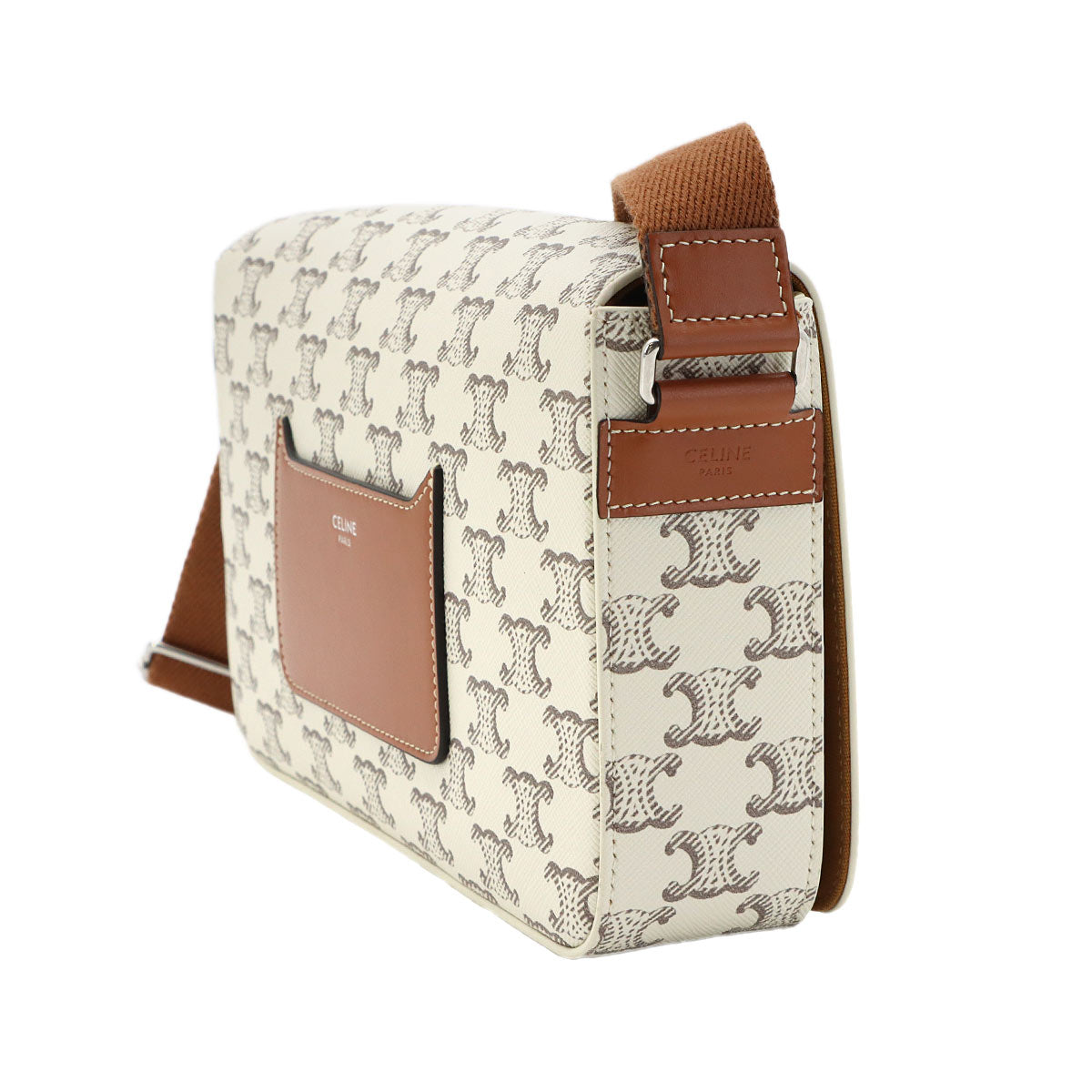 Triomphe Flap Messenger Shoulder Bag Leather Ecru Tan