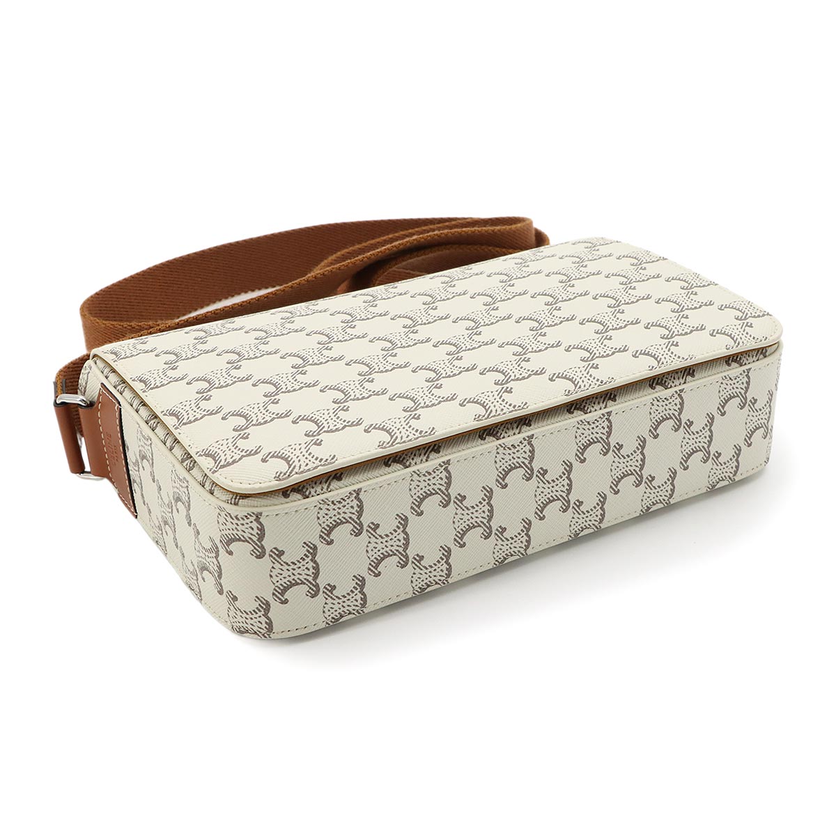 Triomphe Flap Messenger Shoulder Bag Leather Ecru Tan