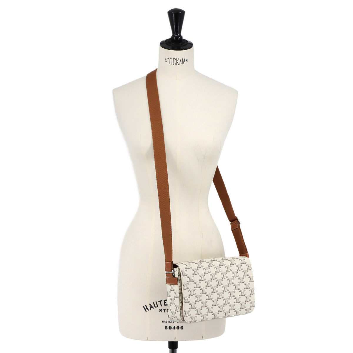 Triomphe Flap Messenger Shoulder Bag Leather Ecru Tan