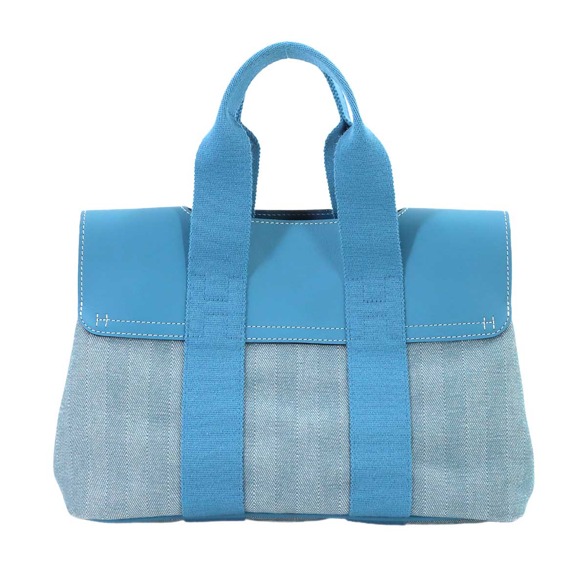 Valparaiso PM Hand Bag Toile Chevron Leather Blue jean Purse