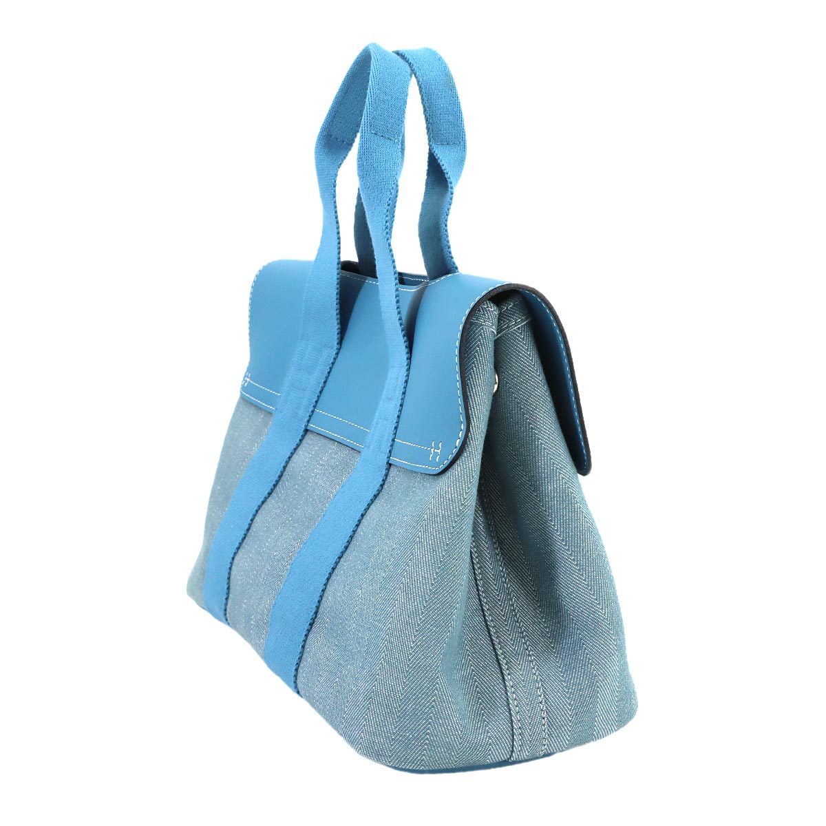 Valparaiso PM Hand Bag Toile Chevron Leather Blue jean Purse