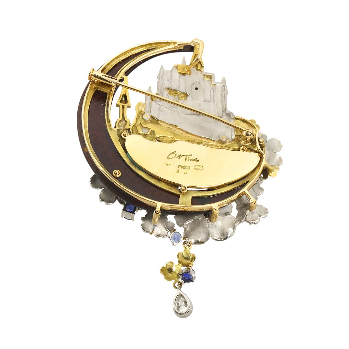 as Time Diamond Sapphire Onyx Brooch 18K YG 750 Pt