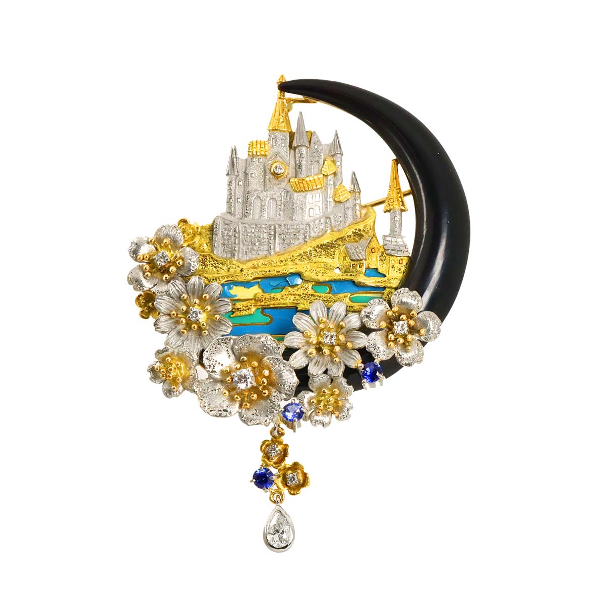 as Time Diamond Sapphire Onyx Brooch 18K YG 750 Pt
