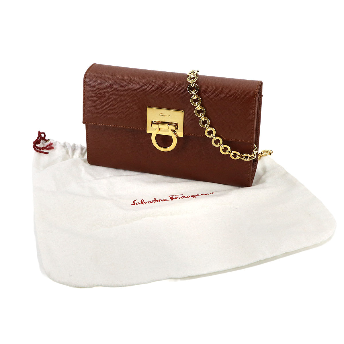 Gancini Chain Shoulder Bag Leather Brown