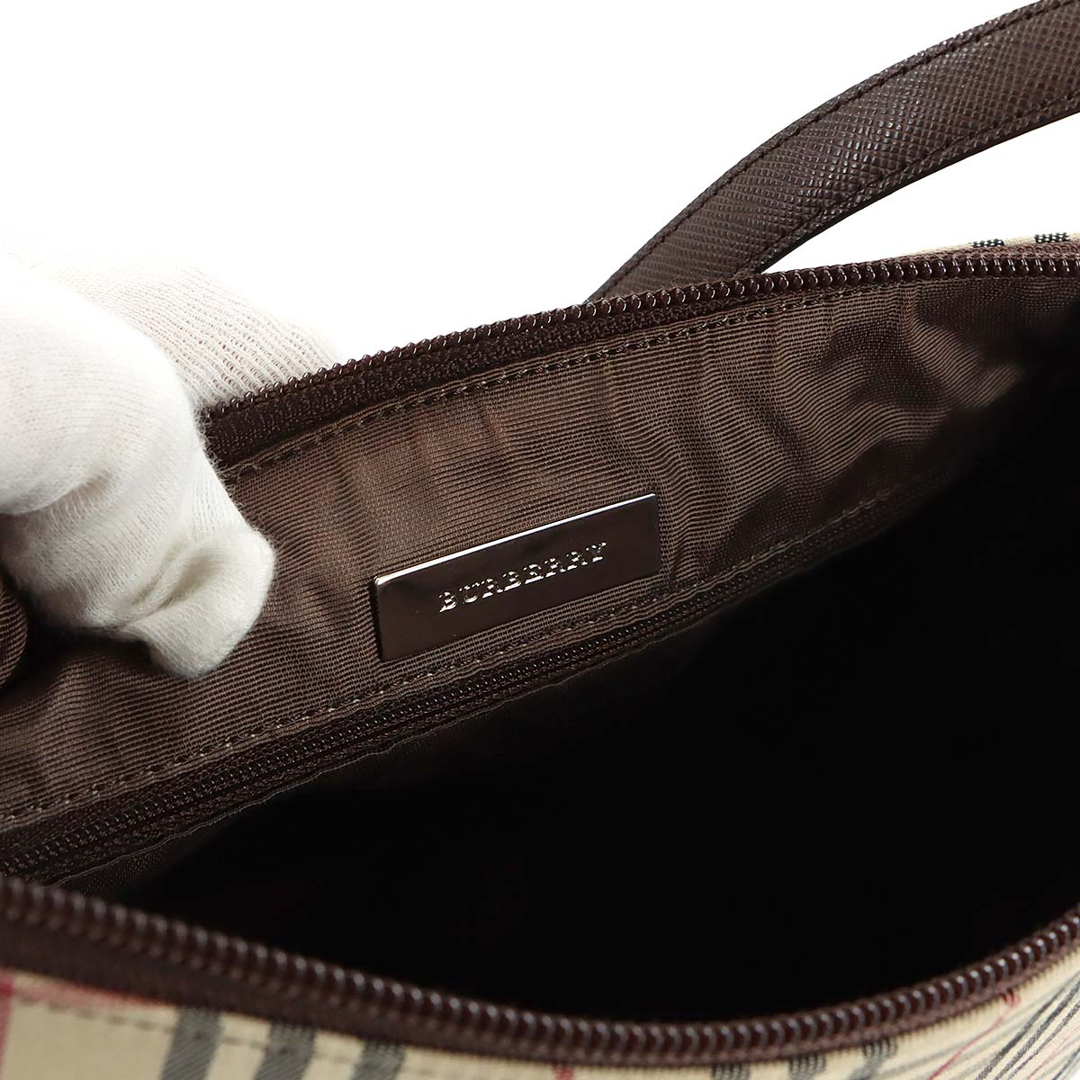 Shoulder Bag Canvas Leather Beige Brown Plaid Purse