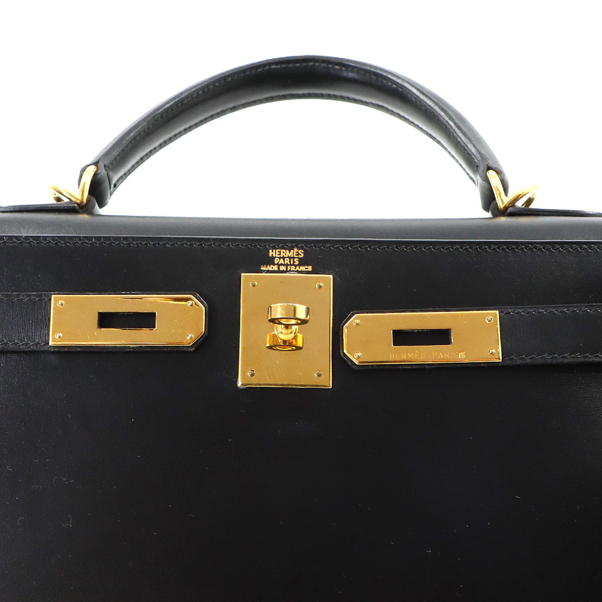 Kelly 28 Box Calf Black 2way Hand Shoulder Bag Purse