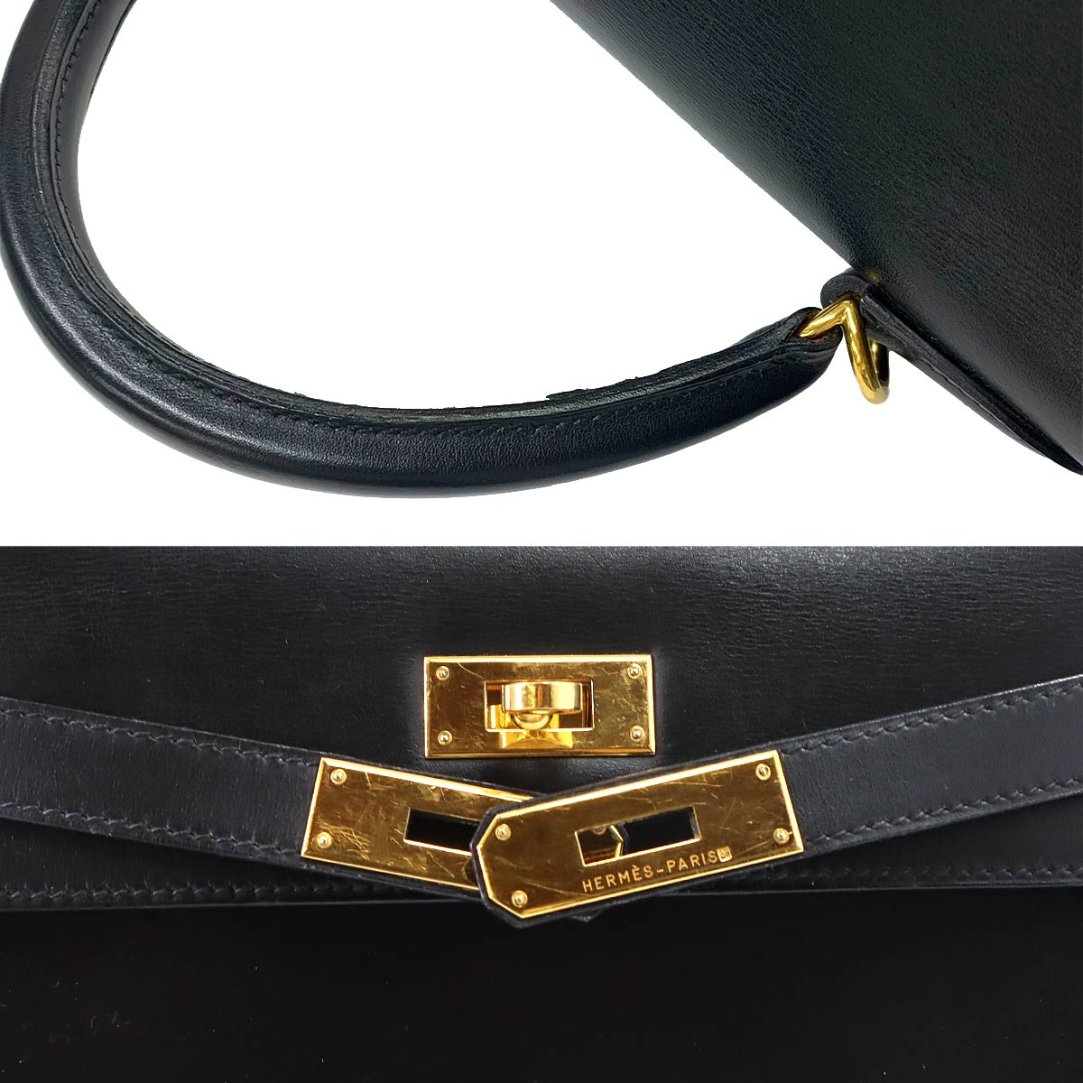 Kelly 28 Box Calf Black 2way Hand Shoulder Bag Purse