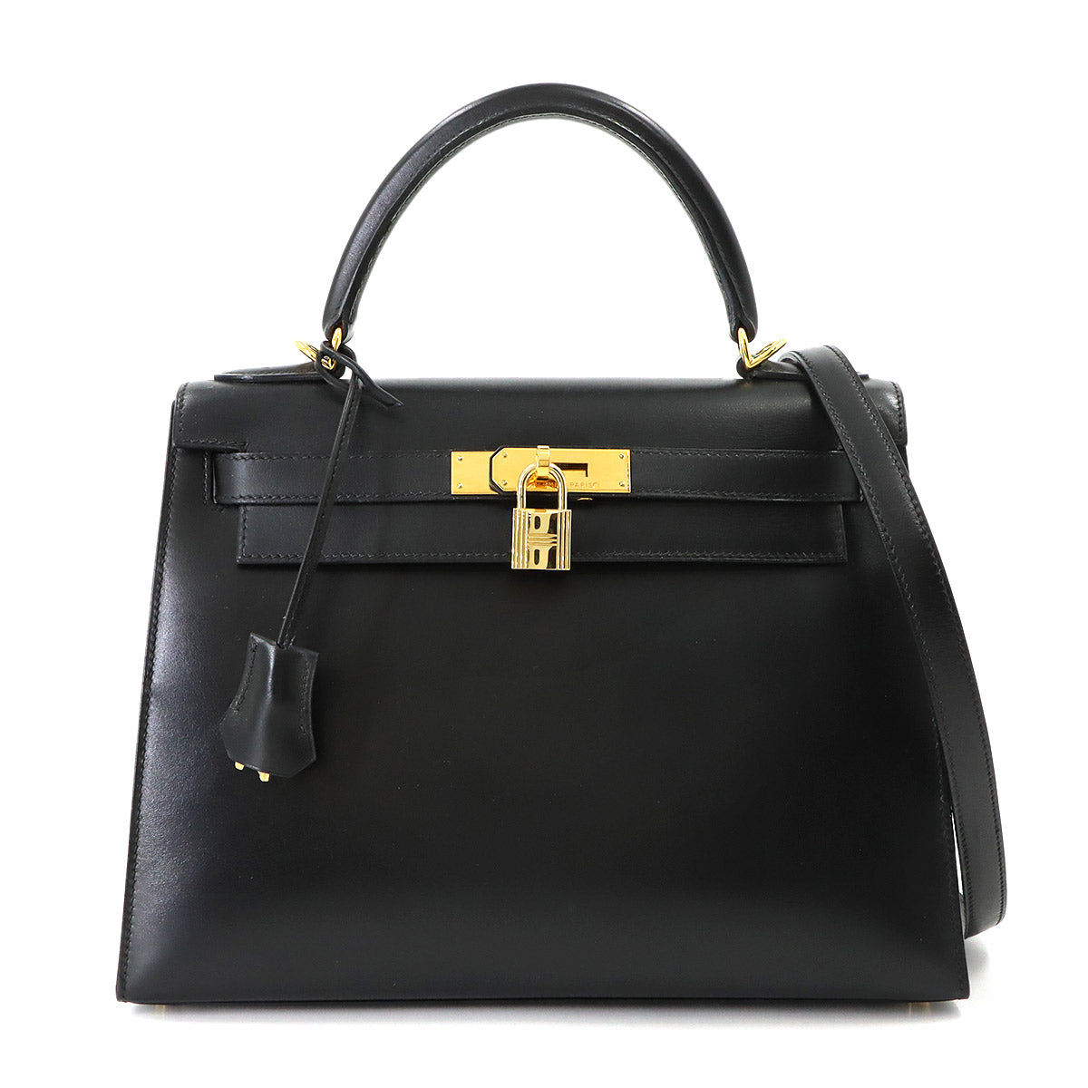 Kelly 28 Box Calf Black 2way Hand Shoulder Bag Purse