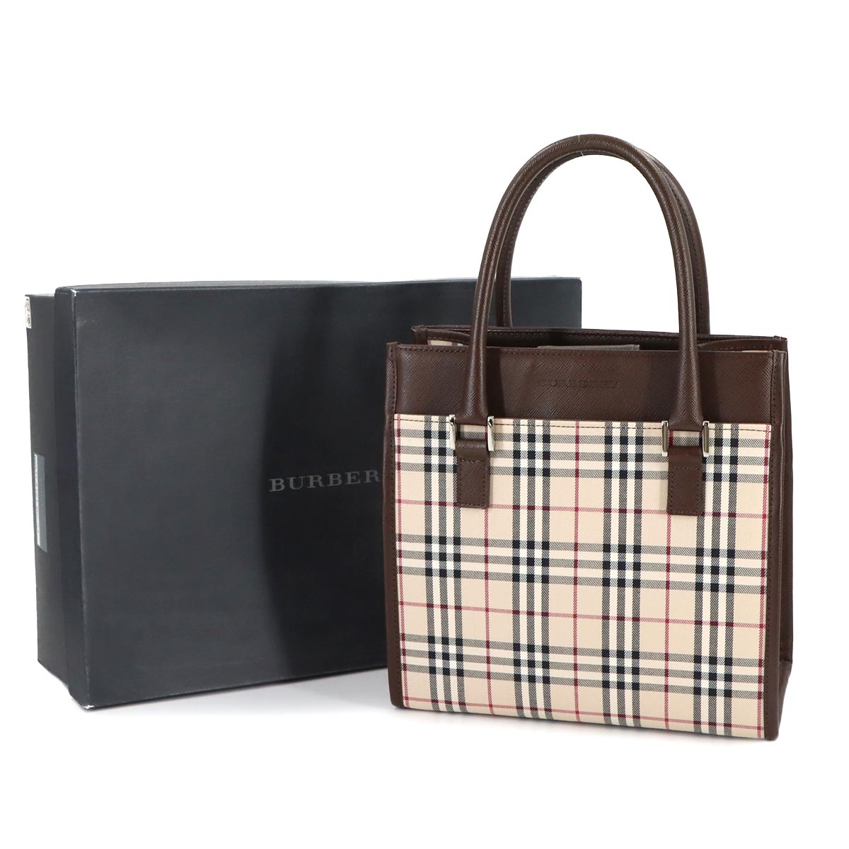 Plaid Hand Bag Canvas Leather Beige Brown Purse