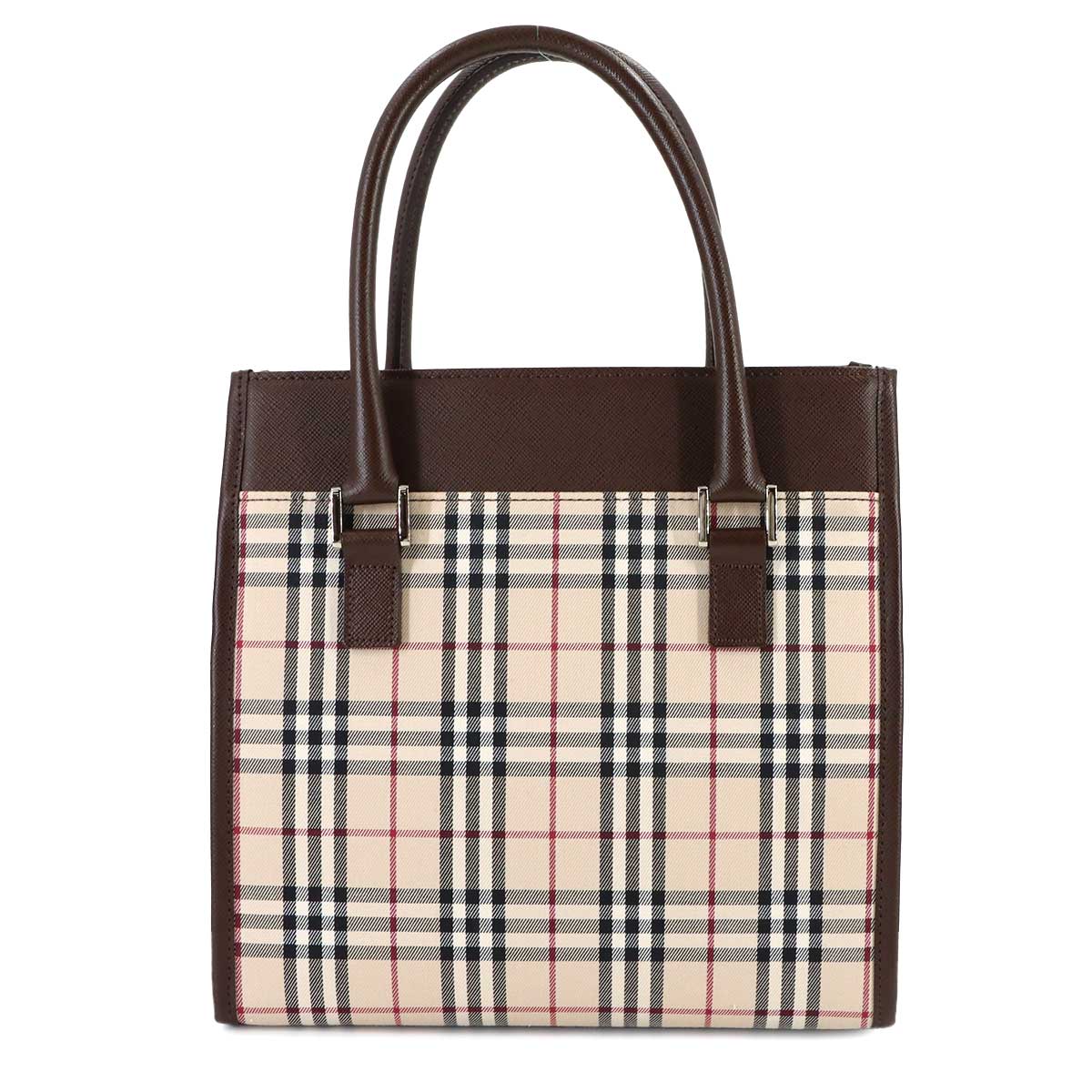 Plaid Hand Bag Canvas Leather Beige Brown Purse