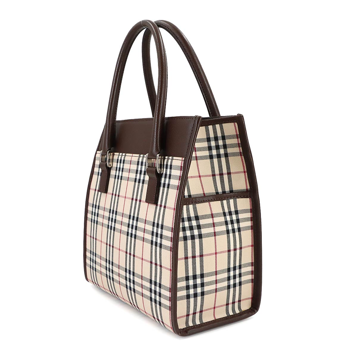 Plaid Hand Bag Canvas Leather Beige Brown Purse