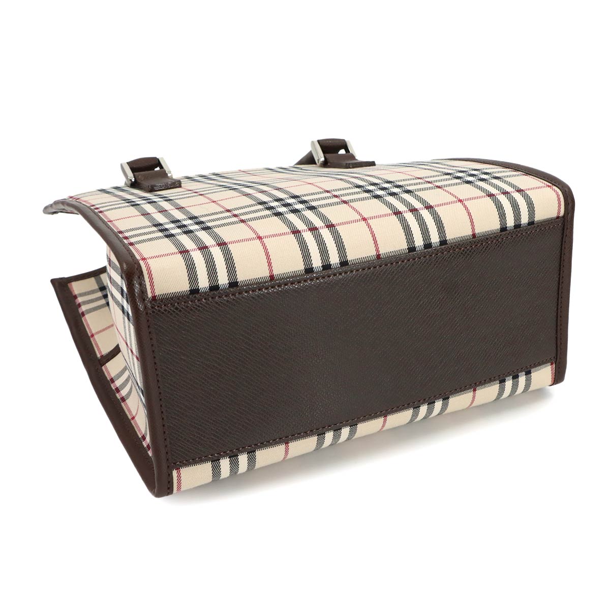 Plaid Hand Bag Canvas Leather Beige Brown Purse