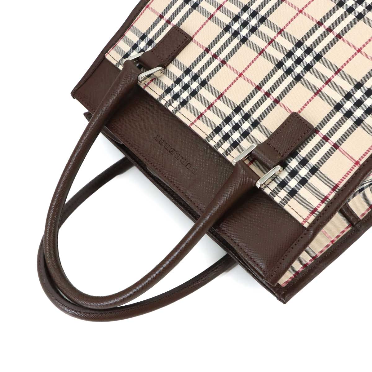 Plaid Hand Bag Canvas Leather Beige Brown Purse