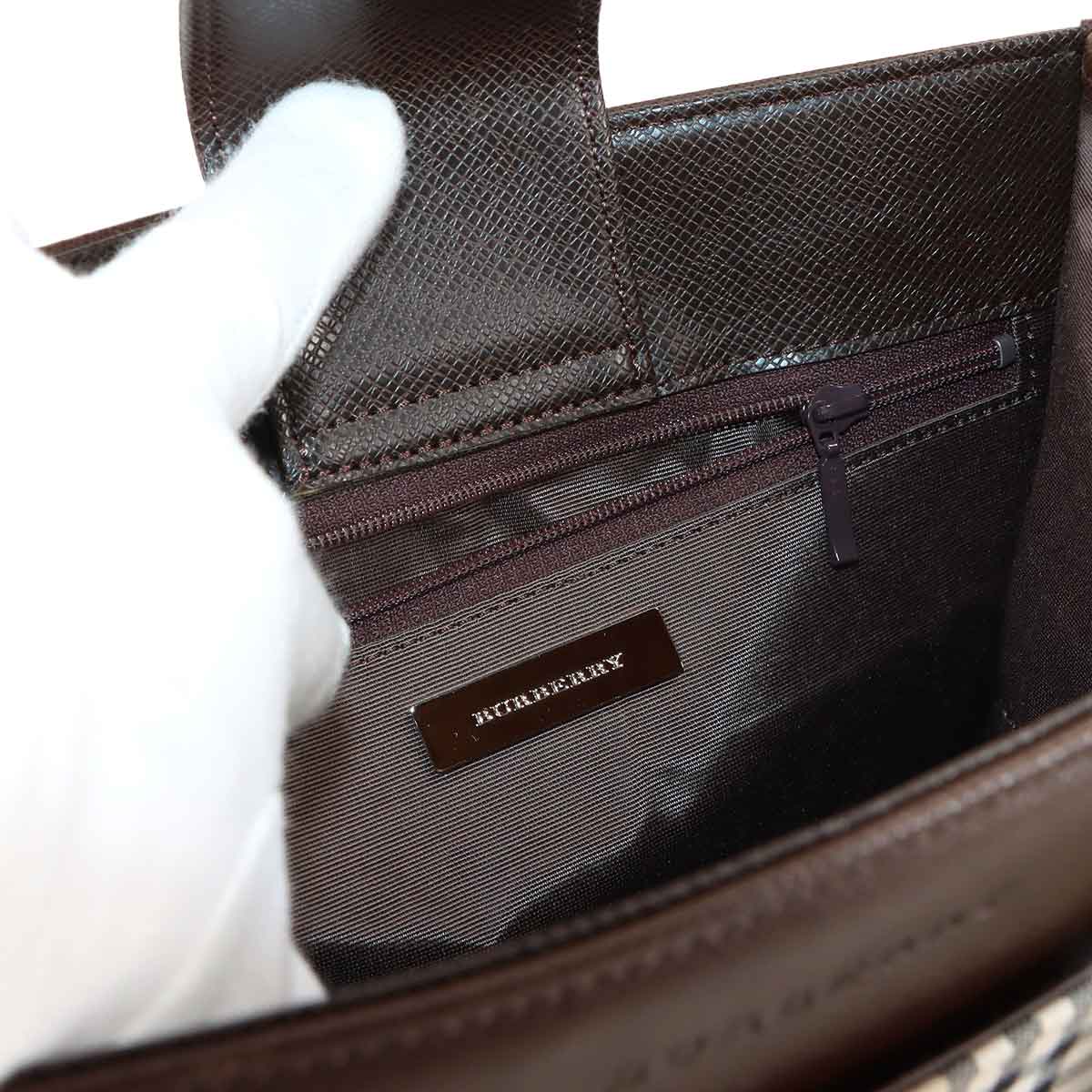 Plaid Hand Bag Canvas Leather Beige Brown Purse