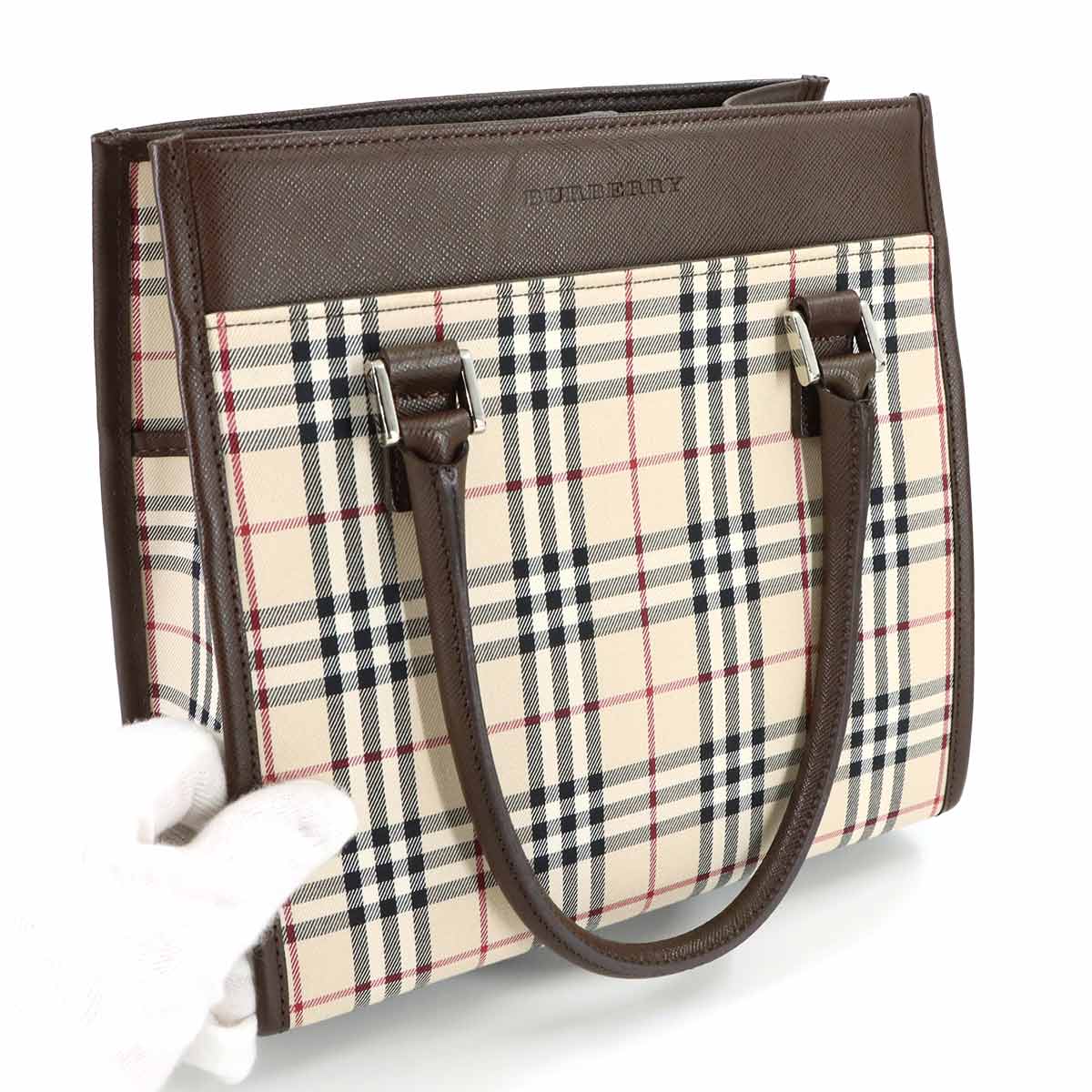 Plaid Hand Bag Canvas Leather Beige Brown Purse