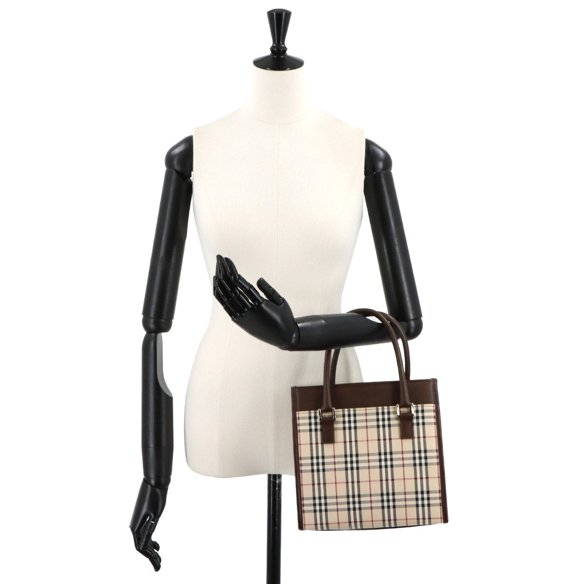 Plaid Hand Bag Canvas Leather Beige Brown Purse
