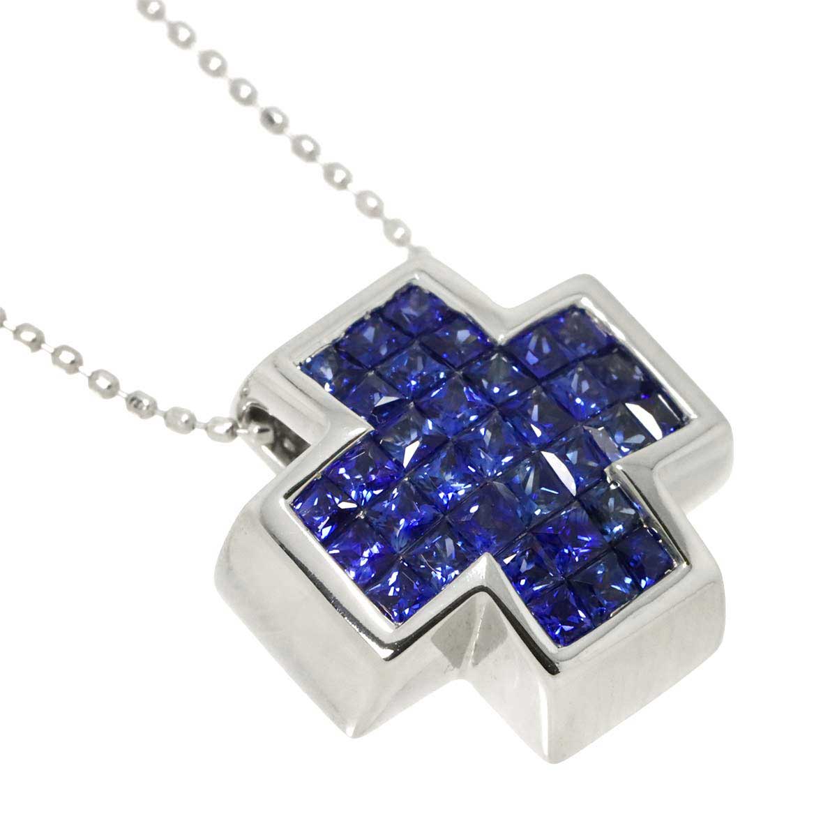 Sapphire Cross Necklace 18K WG White Gold 750