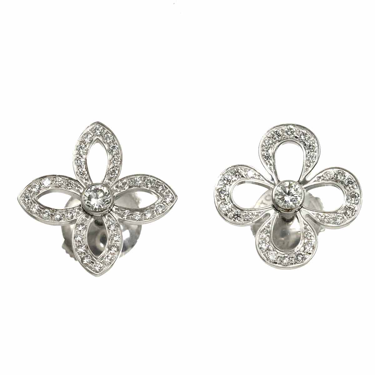Diamond Flower Earrings Pierced 18K White Gold 750