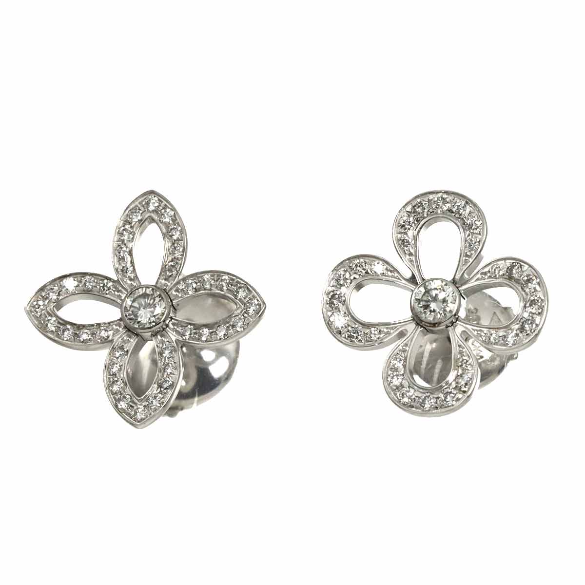 Diamond Flower Earrings Pierced 18K White Gold 750