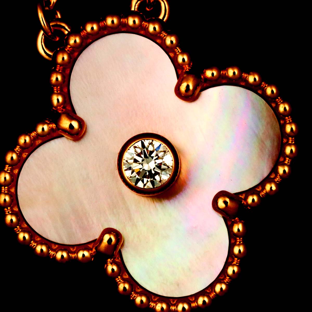 Vintage Alhambra Pink MOP Diamond Necklace 18K PG 750