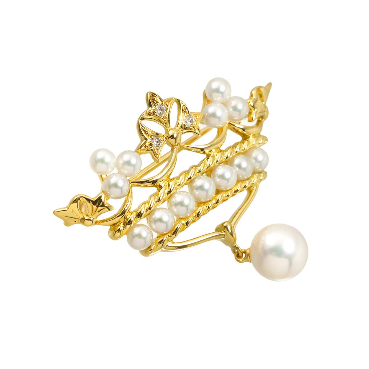 Akoya pearl 7.2-3.2mm Diamond Brooch 18K Yellow Gold 750