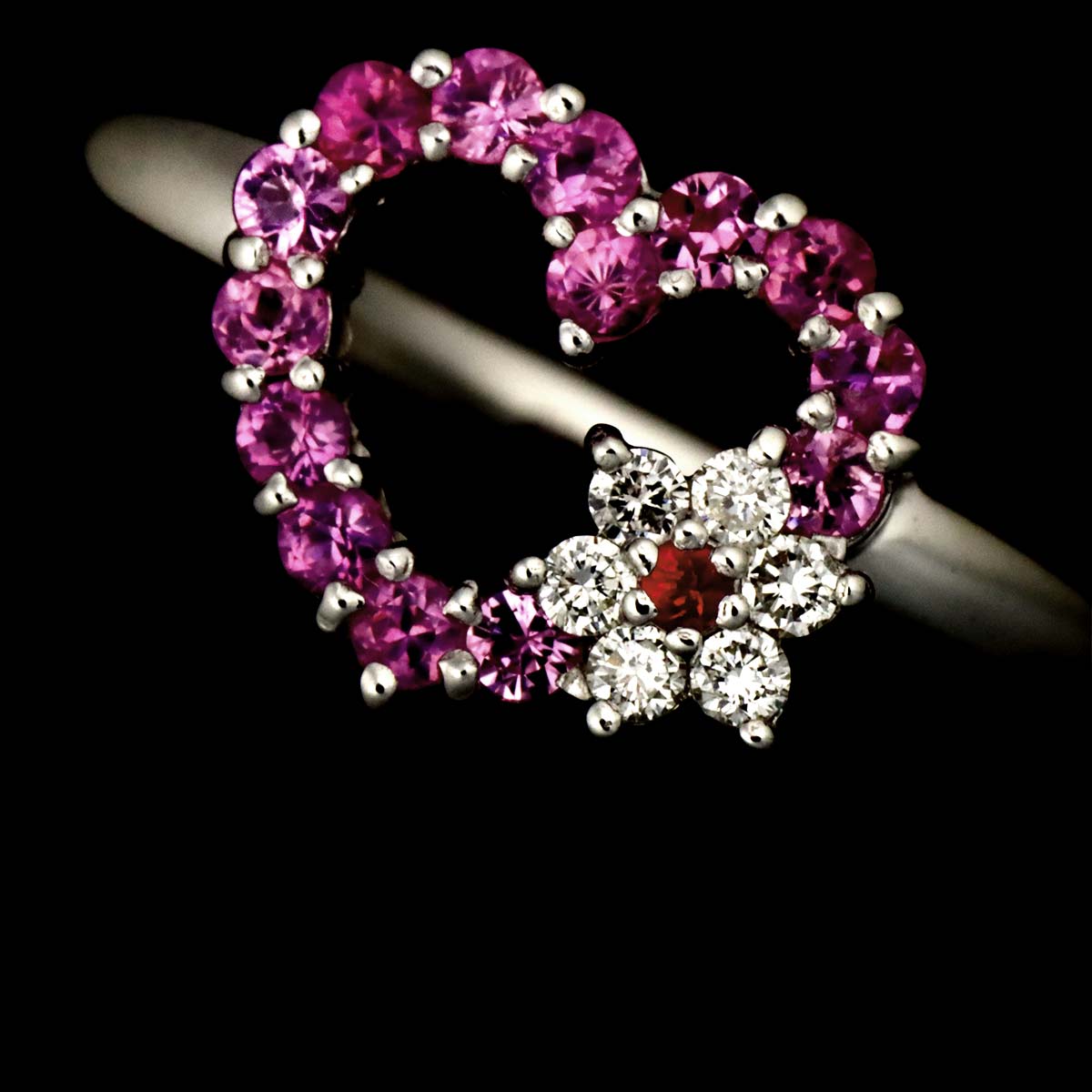 Sapphire 0.30ct Diamond 0.06ct Ruby Ring 18K WG 4.5(US)