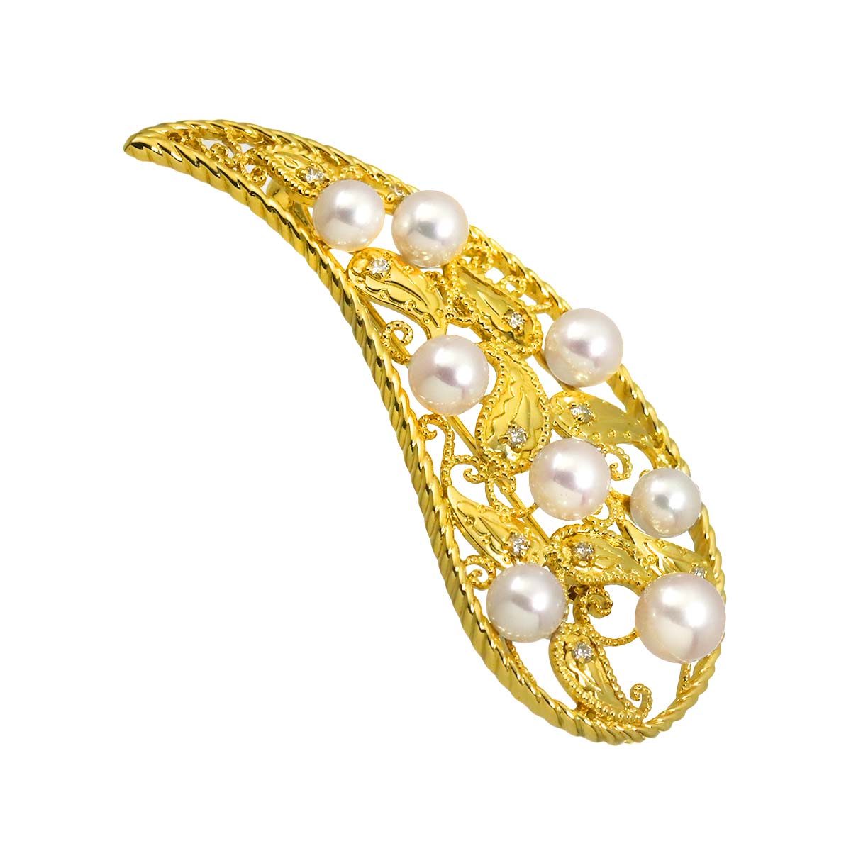 Akoya pearl 7.4-5.8mm Diamond Brooch 18K Yellow Gold 750