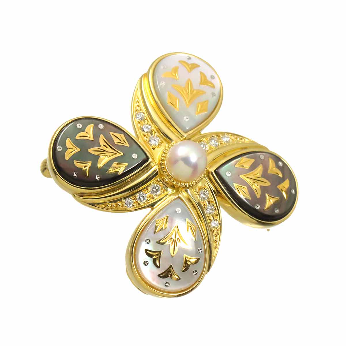 Pique MOP Akoya Pearl 5.5mm Diamond Brooch 18K YG 750