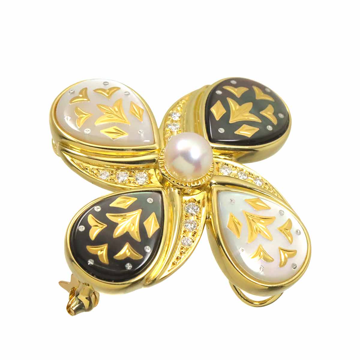 Pique MOP Akoya Pearl 5.5mm Diamond Brooch 18K YG 750