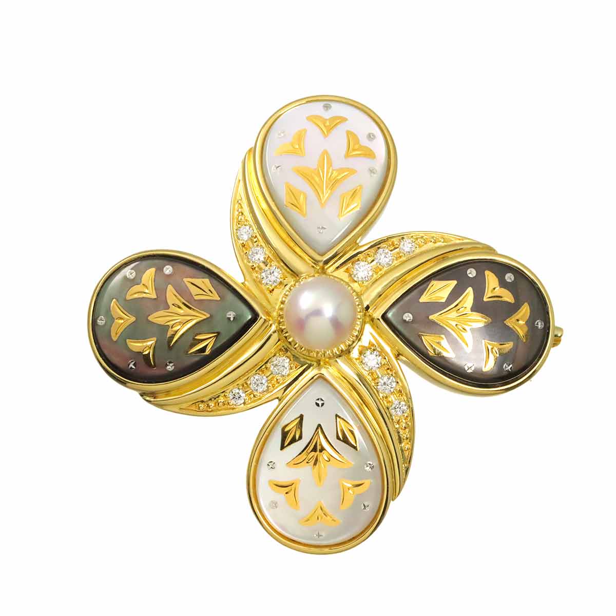 Pique MOP Akoya Pearl 5.5mm Diamond Brooch 18K YG 750