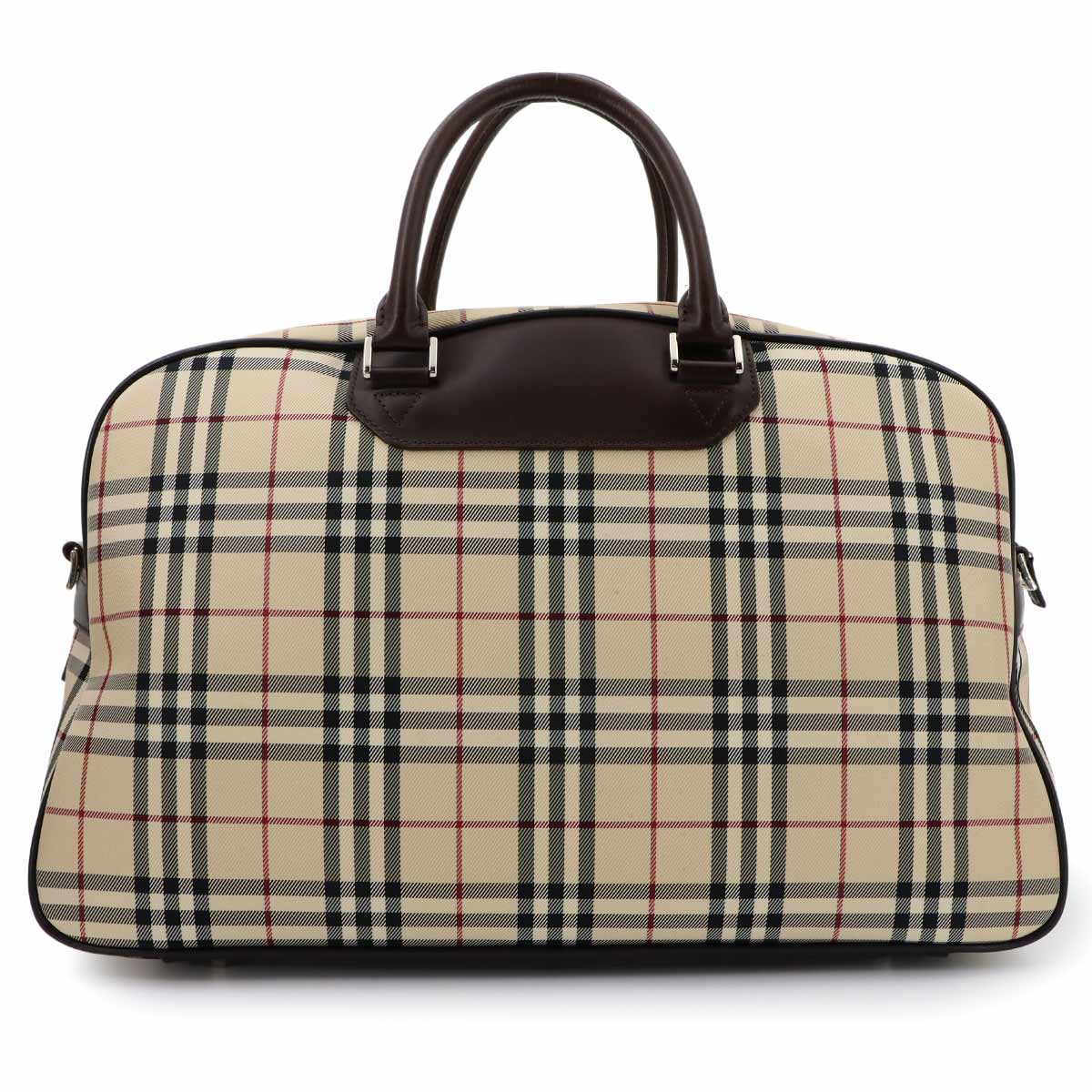Plaid Boston Shoulder Bag Canvas Leather Beige Brown