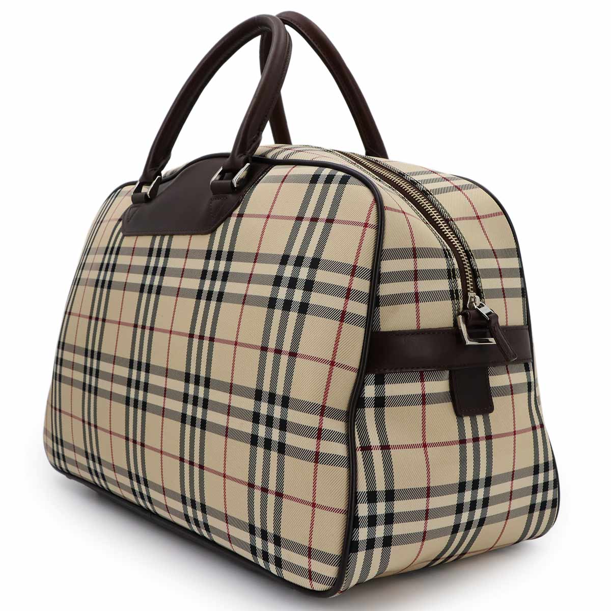 Plaid Boston Shoulder Bag Canvas Leather Beige Brown