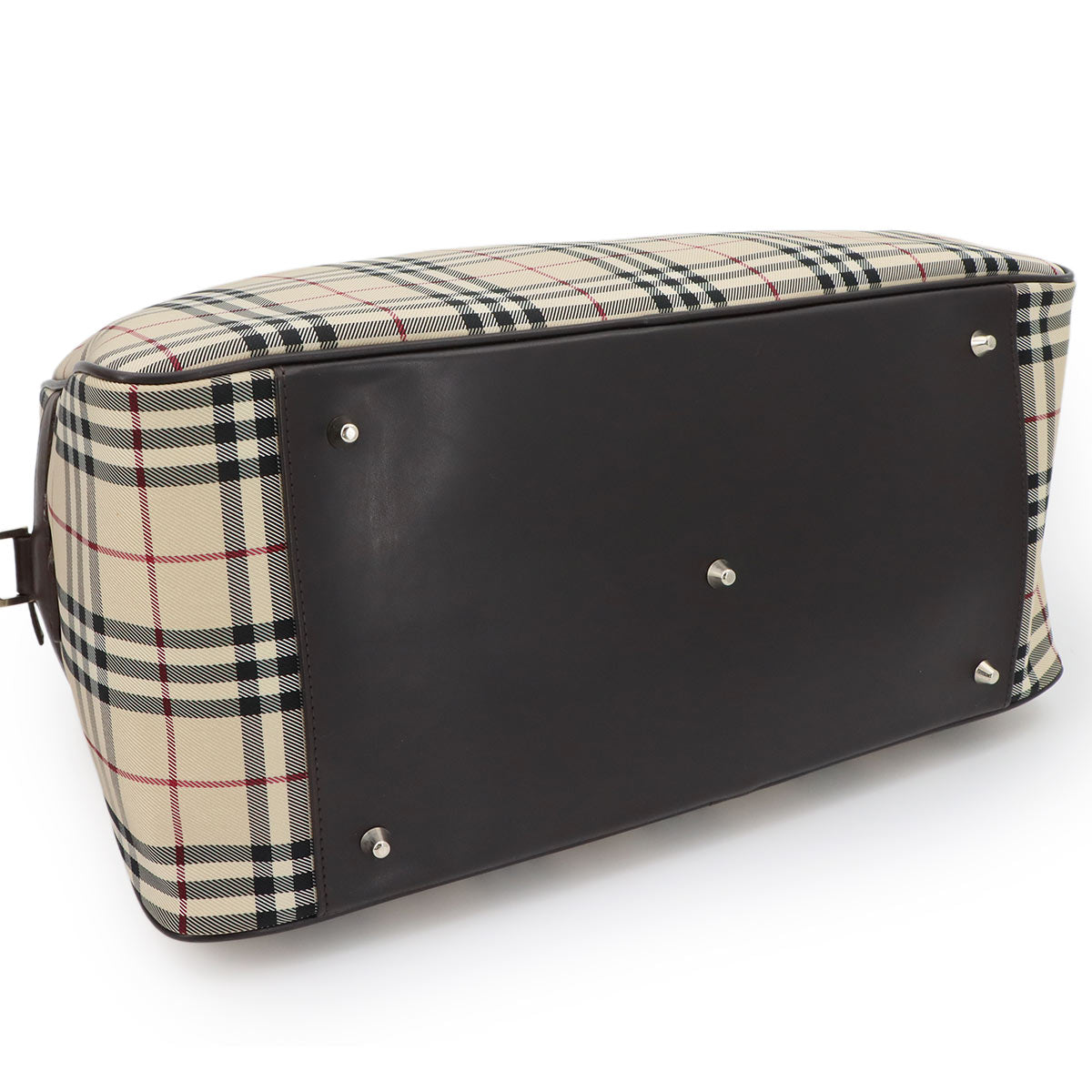 Plaid Boston Shoulder Bag Canvas Leather Beige Brown