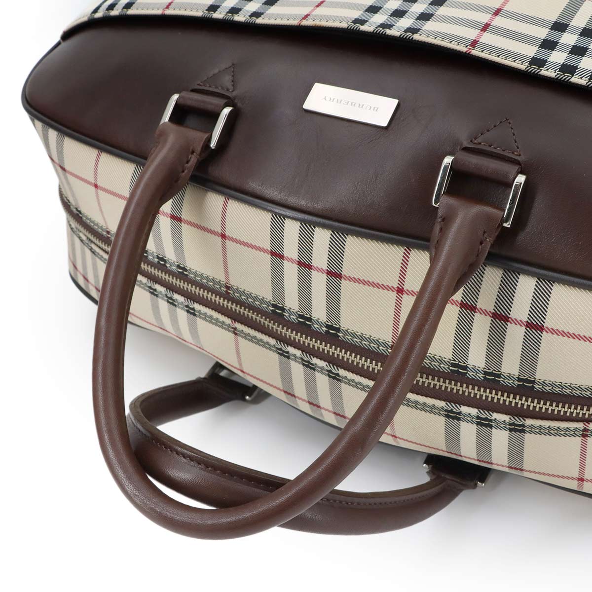 Plaid Boston Shoulder Bag Canvas Leather Beige Brown