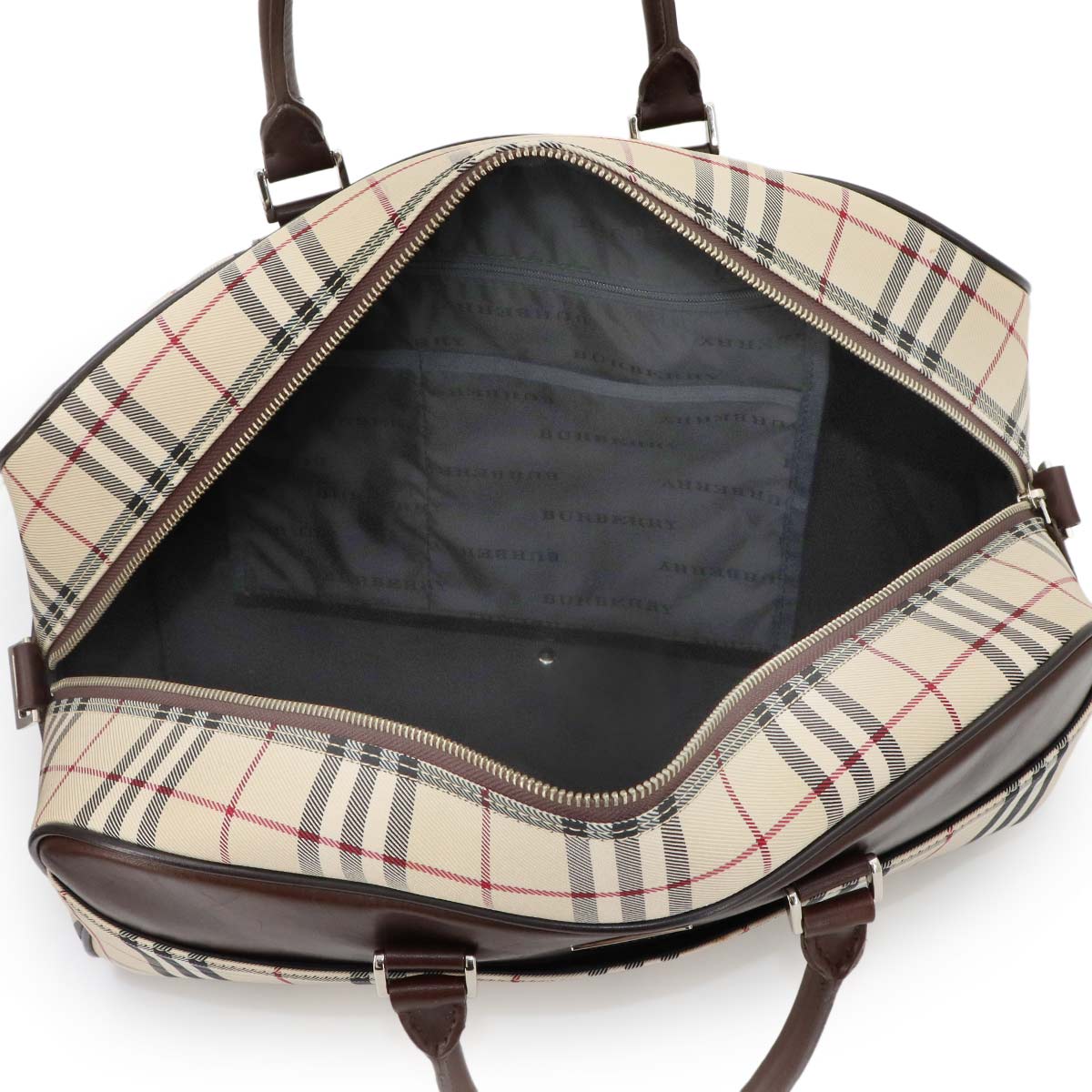 Plaid Boston Shoulder Bag Canvas Leather Beige Brown