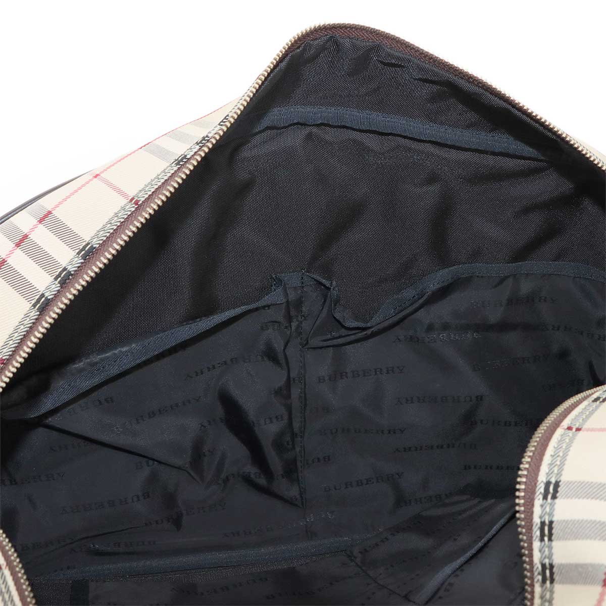 Plaid Boston Shoulder Bag Canvas Leather Beige Brown