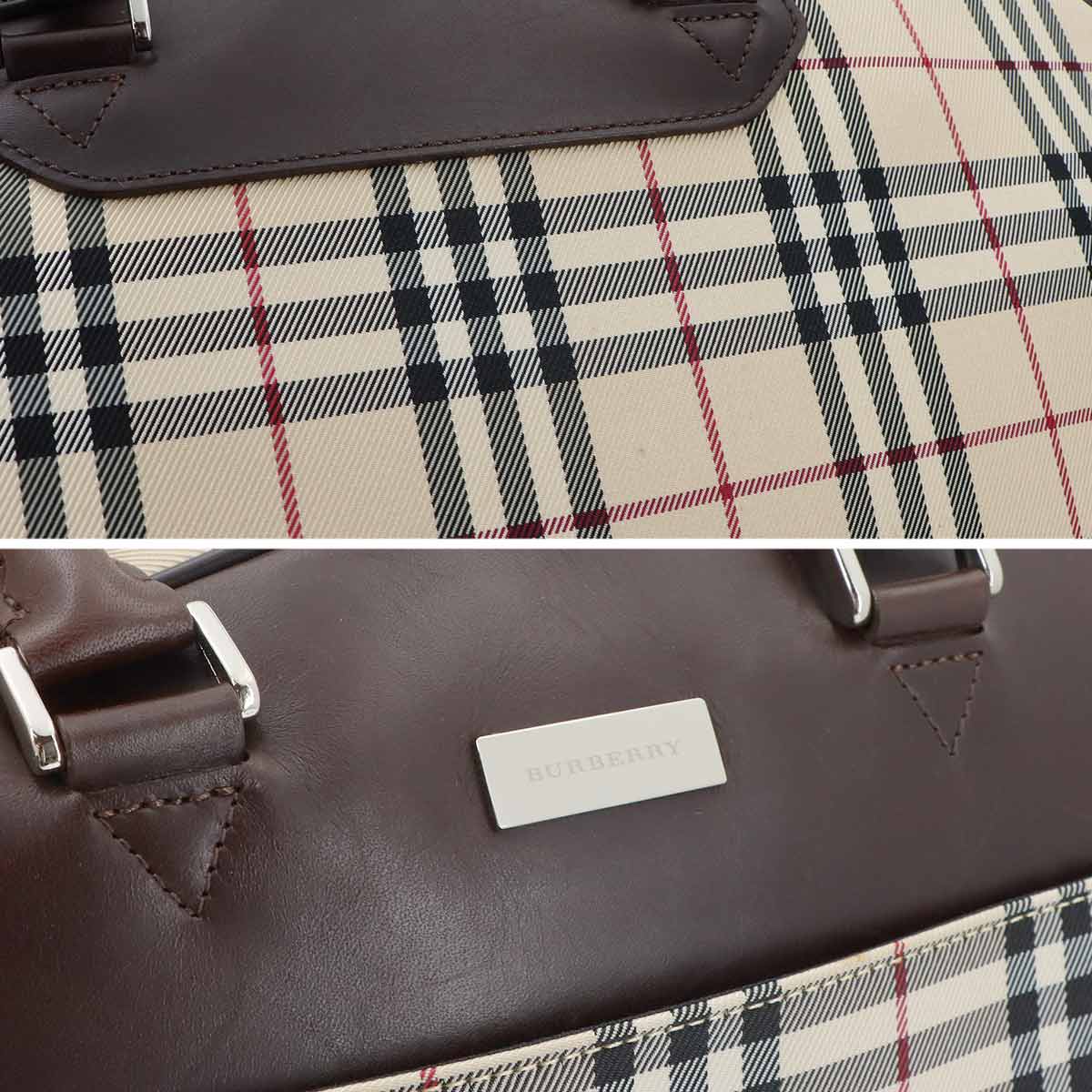 Plaid Boston Shoulder Bag Canvas Leather Beige Brown