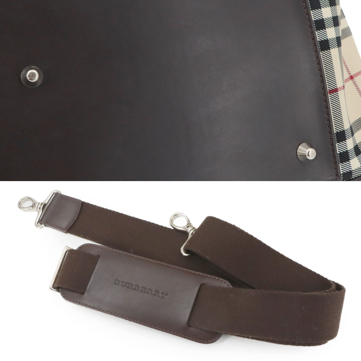 Plaid Boston Shoulder Bag Canvas Leather Beige Brown