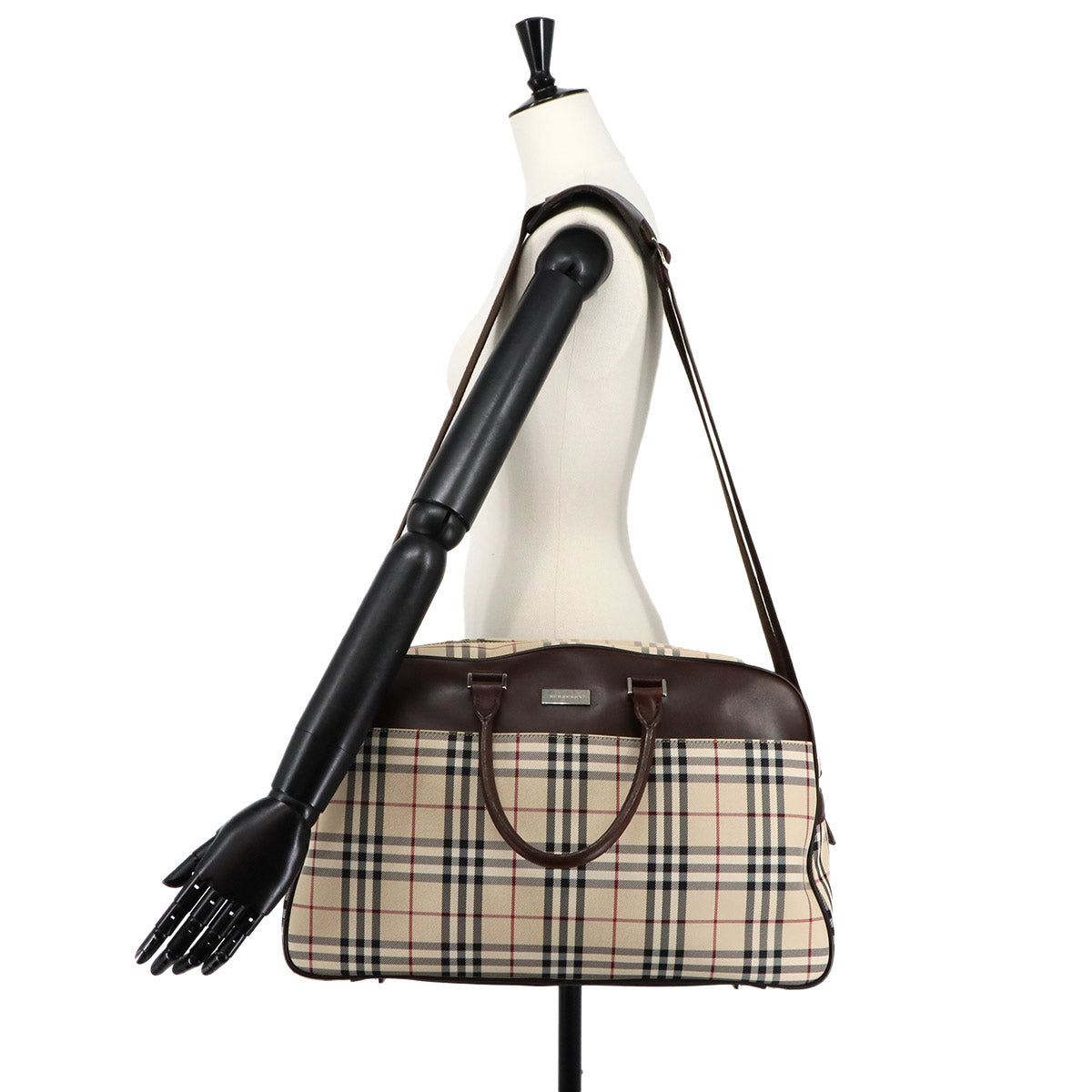 Plaid Boston Shoulder Bag Canvas Leather Beige Brown