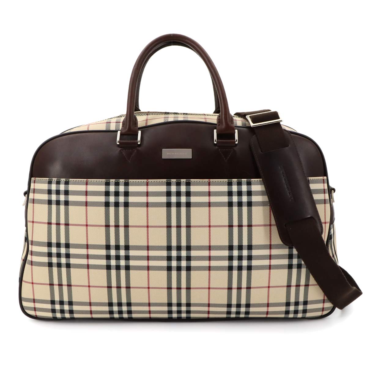 Plaid Boston Shoulder Bag Canvas Leather Beige Brown