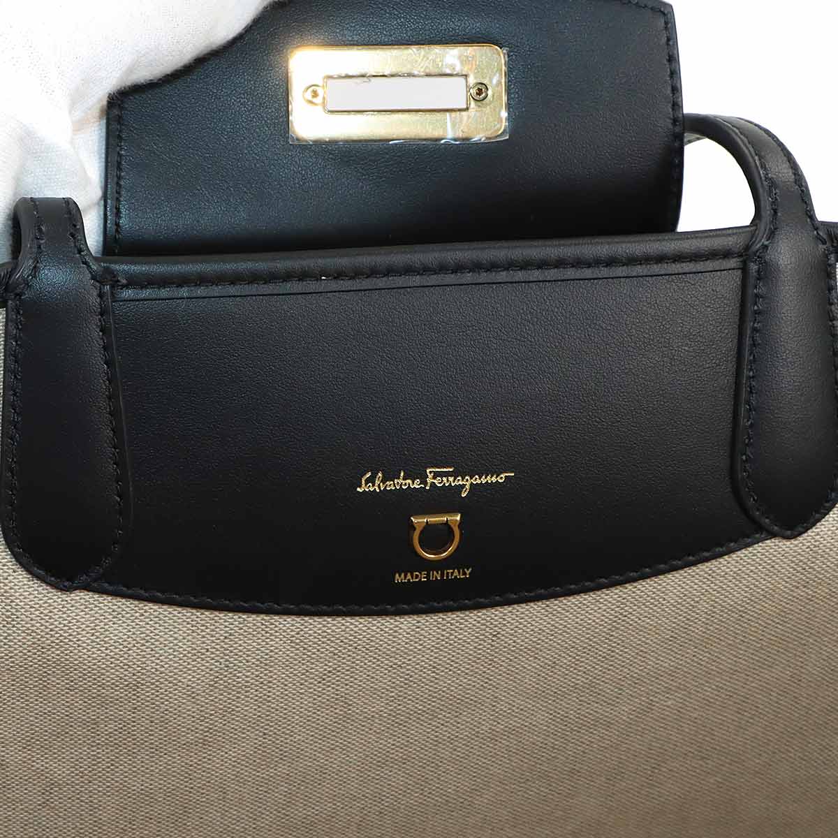 Tote Bag Canvas Leather Beige Black